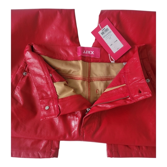 Glossy Red Straight Leg Faux Leather Pants - Picture 7 of 13